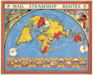 English Text Gallery: Poster advertising mail steamship routes, 1937 (colour litho)