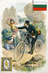 A Postman in Bulgaria fighting off robbers, late 19th century (colour litho) A Postman in Bulgaria fighting off robbers, late 19th century (colour litho)