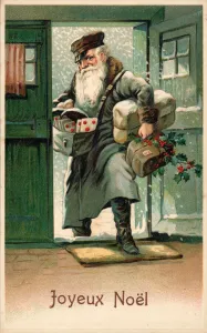 Postman with Christmas letters and parcels (chromolitho) Postman with Christmas letters and parcels (chromolitho)