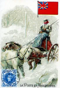 A Postman in England delivering mail in winter, late 19th century (colour litho) A Postman in England delivering mail in winter, late 19th century (colour litho)