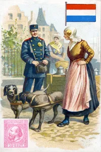 A Postman in Holland talking to a woman delivering milk in a dogcart A Postman in Holland talking to a woman delivering milk in a dogcart