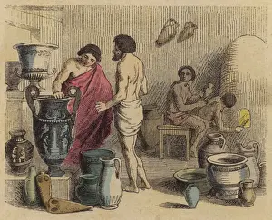 Pottery workshop in Ancient Greece (coloured engraving) Pottery workshop in Ancient Greece (coloured engraving)