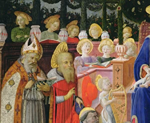 Female Musician Gallery: Predella of the Madonna of the Pergola: detail of the Saints and Choir, 1447 (oil on panel)