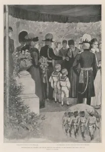 1st Battalion Gallery: Presentation of Ashanti and South African War Medals by His Majesty the King, 29 July (engraving)