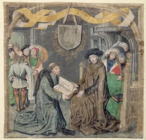 Images Dated 8th April 2010: The Presentation of a Book to a Lord (vellum)