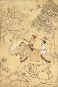 A Prince Hunting, Mounted on an Elephant, c.1600-1650 (drawing with w/c & gold paint) A Prince Hunting, Mounted on an Elephant, c.1600-1650 (drawing with w/c & gold paint)