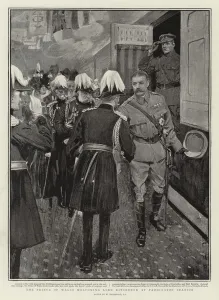 The Prince of Wales welcoming Lord Kitchener at Paddington Station (litho) The Prince of Wales welcoming Lord Kitchener at Paddington Station (litho)