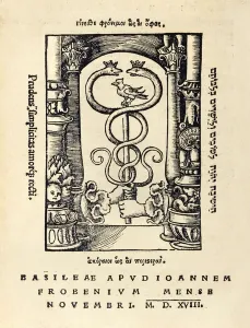 Printer's mark of Johann Frobens (c.1460 -1527) showing two hands holding Printer's mark of Johann Frobens (c.1460 -1527) showing two hands holding