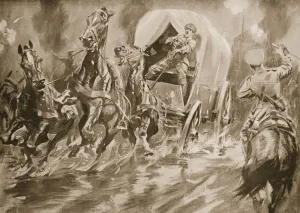 Private Fitch driving a transport cart after the driver had been shot (litho) Private Fitch driving a transport cart after the driver had been shot (litho)