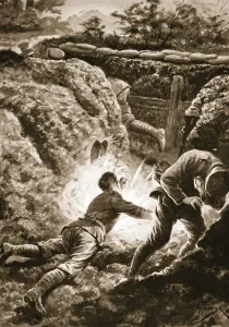 Private Harris throwing himself on a bomb to save a comrade (litho) Private Harris throwing himself on a bomb to save a comrade (litho)