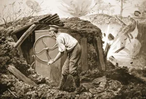 Private Torrance pumping air into a mine under heavy fire (litho) Private Torrance pumping air into a mine under heavy fire (litho)