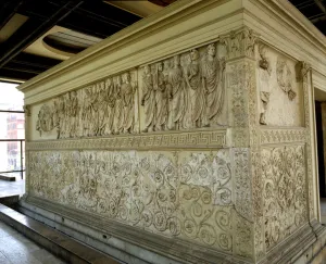 Procession, north wall of the Ara Pacis (marble) Procession, north wall of the Ara Pacis (marble)
