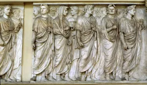 Procession, north wall of the Ara Pacis (marble) Procession, north wall of the Ara Pacis (marble)