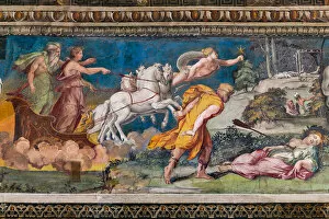 Procris impaled by the never erring javelin, Cephalus running towards her and Aurora and Titone on a chariot pulled by four horses, 1517-18 (fresco) (detail of 2646162)