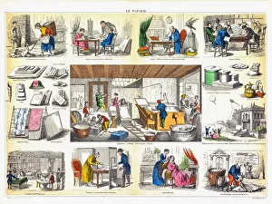 Central Library Gallery: The production of paper and its uses. 19th century (print)