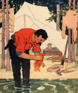 Prospector cleaning up after a day's work, c.1898 (colour litho) Prospector cleaning up after a day's work, c.1898 (colour litho)