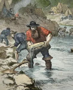 Prospectors panning for gold during the Californian Gold Rush of 1849 (coloured engraving Prospectors panning for gold during the Californian Gold Rush of 1849 (coloured engraving