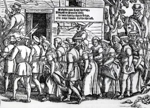 Protestants, roped together, being led to London for trial, from Acts and Monuments' Protestants, roped together, being led to London for trial, from Acts and Monuments'