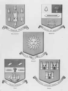 Public arms: Ballymenagh; Banbridge; Banbury; Down; Dublin (engraving) Public arms: Ballymenagh; Banbridge; Banbury; Down; Dublin (engraving)