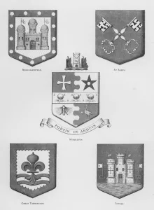 Public arms: Berkhampstead; St Asaph; Middleton; Great Torrington; Totnes (engraving) Public arms: Berkhampstead; St Asaph; Middleton; Great Torrington; Totnes (engraving)
