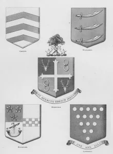 Public arms: Cardiff; Middlesex; Mansfield; Buteshire; Cornwall (engraving) Public arms: Cardiff; Middlesex; Mansfield; Buteshire; Cornwall (engraving)
