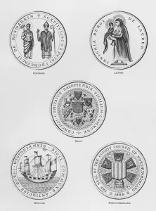 Public arms: Fortrose; Lauder; Salop; Wigtown; Northumberland (engraving) Public arms: Fortrose; Lauder; Salop; Wigtown; Northumberland (engraving)