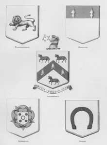 Public arms: Melbournepourt; Middleton; Huddersfield; Petersfield; Oakham (engraving) Public arms: Melbournepourt; Middleton; Huddersfield; Petersfield; Oakham (engraving)