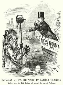 Giving Collection: Punch cartoon: Faraday Giving His Card to Father Thames (engraving)