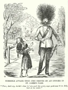 Punch cartoon: Horrible Attack upon (the Nerves of) an Officer in St James's Park (engraving) Punch cartoon: Horrible Attack upon (the Nerves of) an Officer in St James's Park (engraving)