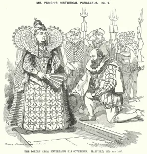 Similarity Gallery: Punch cartoon: The Lordly Cecil Entertains His Sovereign, Hatfield, 1573 and 1887 (engraving)
