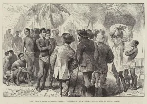 Loads Gallery: The Pungwe Route to Mashonaland, Pioneer Camp at M Ponda s, hiring Boys to carry Loads (engraving)