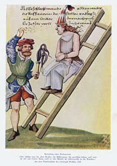 Punishment of a woman in the 16th Century (colour litho)
