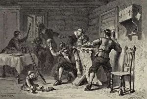Puritans barricading their House against Indians (engraving)