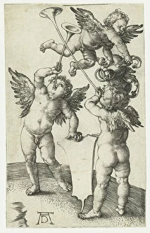 Putti Collection: Three putti with a trumpet, shield and helmet, 1498-1502 (engraving)