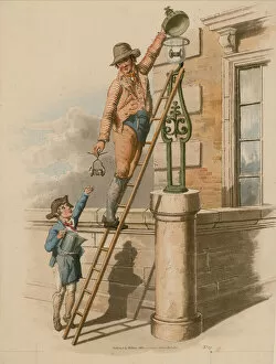 Putting a new bulb in an electric lamp (coloured engraving)
