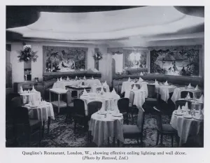 Quaglino's Restaurant, London, W, showing effective ceiling lighting and wall decor Quaglino's Restaurant, London, W, showing effective ceiling lighting and wall decor