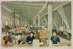 A Quaker Oats packing room, 1893 (colour litho) A Quaker Oats packing room, 1893 (colour litho)