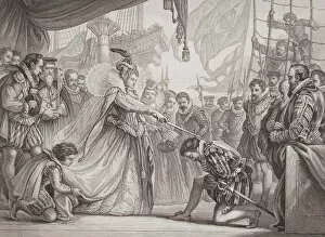Queen Elizabeth I (1530-1603) knighting Francis Drake (1540-96) from Illustrations of English