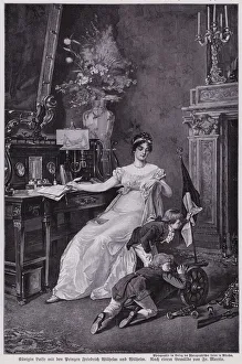 Queen Louise of Prussia watching her sons, Prince Frederick William and Prince William, playing soldiers (engraving) Queen Louise of Prussia watching her sons, Prince Frederick William and Prince William, playing soldiers (engraving)