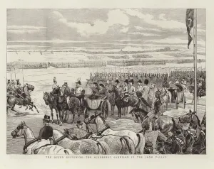 The Queen reviewing the Aldershot Garrison in the Long Valley (engraving) The Queen reviewing the Aldershot Garrison in the Long Valley (engraving)
