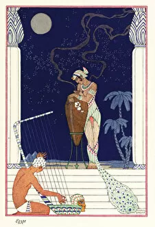 Female Musician Gallery: A queen stands smelling fragrance burnt, ancient Egypt1928 (print)
