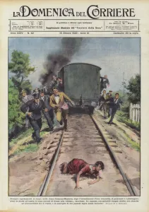Quickly stopped the train, on the Cremona-Mantua line, after the investment of a girl... (colour litho) Quickly stopped the train, on the Cremona-Mantua line, after the investment of a girl... (colour litho)