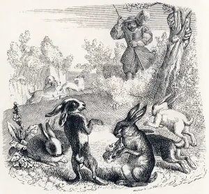 The rabbits (Les lapins) - Fables by La Fontaine, 19th century (engraving) The rabbits (Les lapins) - Fables by La Fontaine, 19th century (engraving)