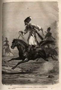 Race of Cossacks, climbs in balance standing on their saddle Race of Cossacks, climbs in balance standing on their saddle