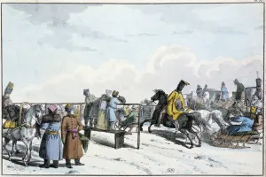 Race of tanks and horses in Russia - engraving, 19th century Race of tanks and horses in Russia - engraving, 19th century
