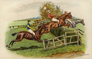 Racehorses leaping a hurdle (colour litho)