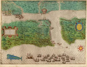 Raid on the Spanish settlement of St Augustine in Florida, 1586 (coloured engraving) Raid on the Spanish settlement of St Augustine in Florida, 1586 (coloured engraving)
