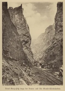 Railway line through the Royal Gorge of the Arkansas River on the Denver and Rio Grande Western Railroad, Colorado Railway line through the Royal Gorge of the Arkansas River on the Denver and Rio Grande Western Railroad, Colorado
