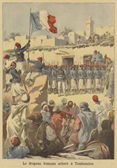 Timbuktu Collection: Raising of the French flag at Timbuktu (colour litho)