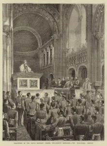Wellington Barracks Gallery: Re-Opening of the Royal Military Chapel, Wellington Barracks, the Inaugural Service (engraving)